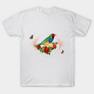 Red Head Finch standing in red Roses with Butterflies surrounded T-Shirt